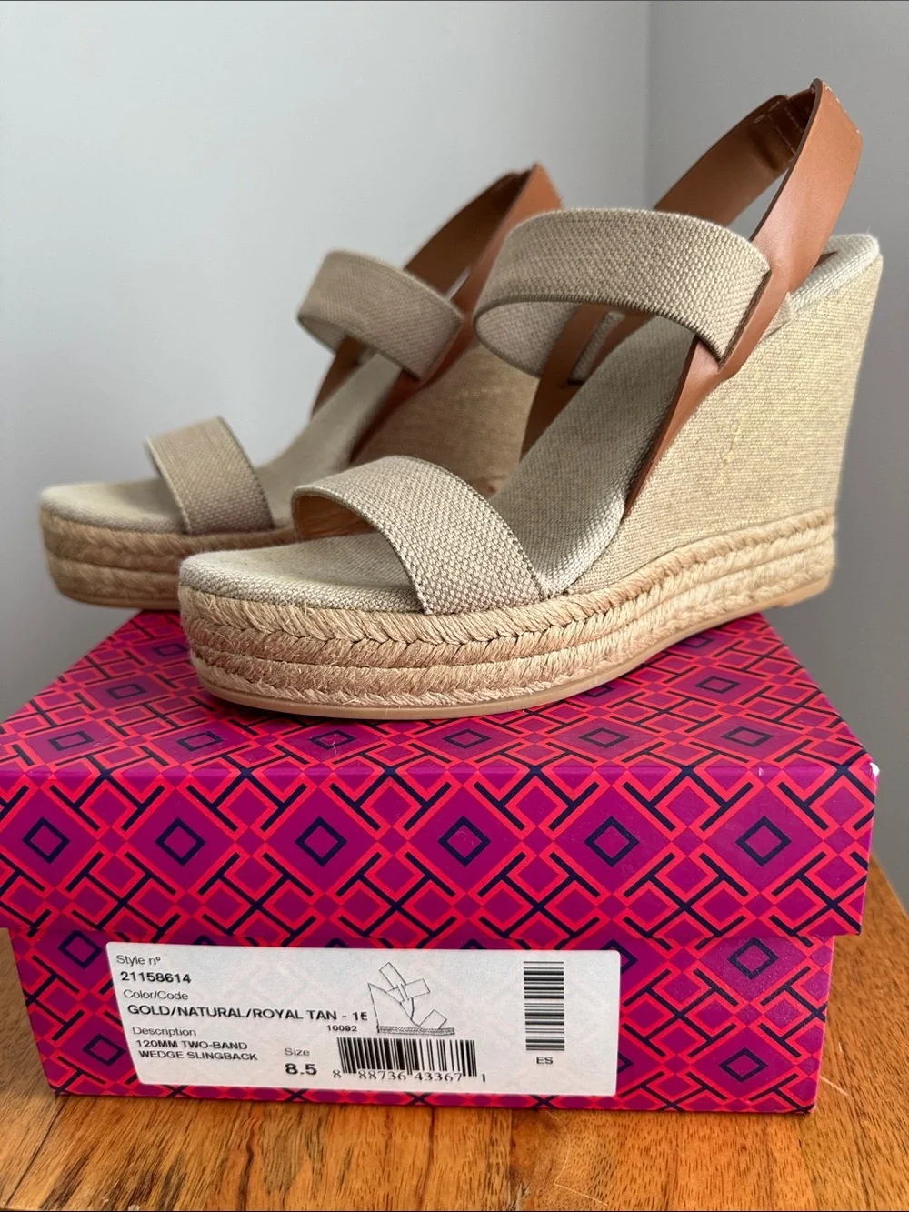 Tory Burch 120MM 2 Band Wedge Slingback Sandal - Gold/Natural/Tan, Size 8.5